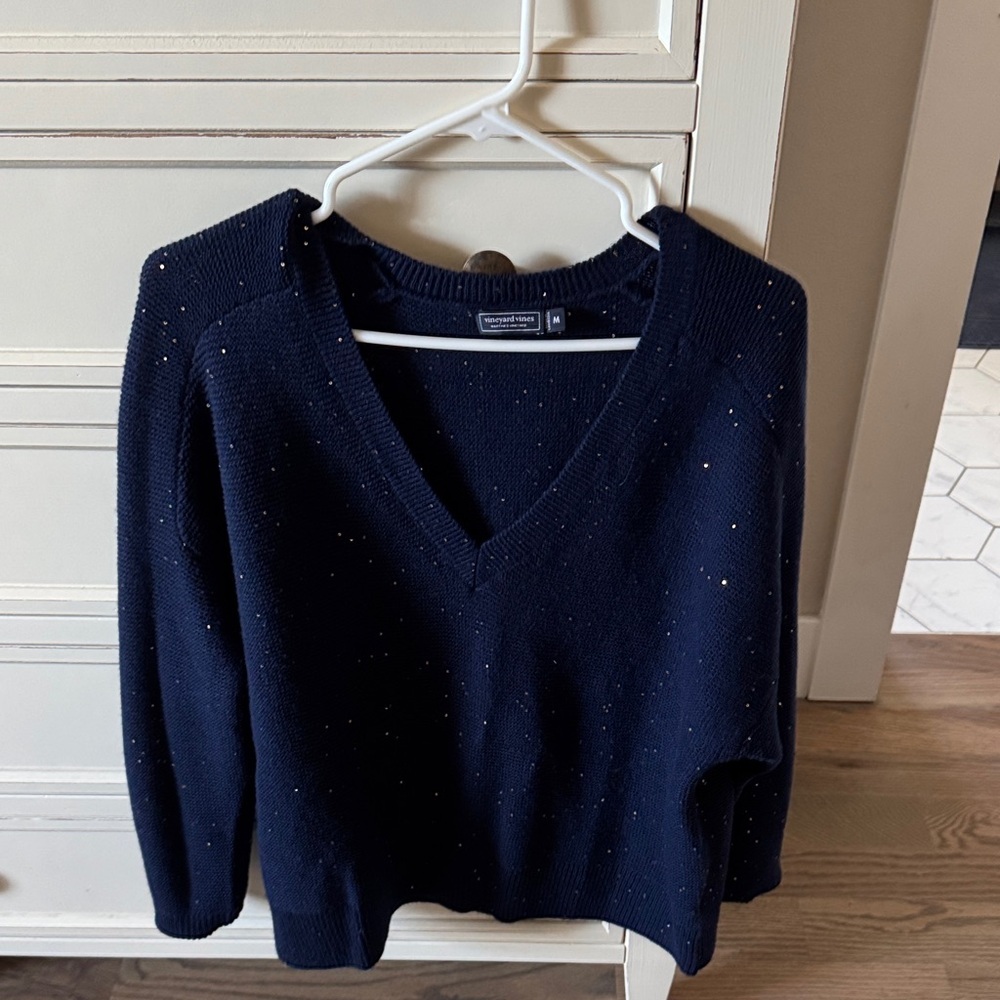 Vineyard Vines Women's Sparkle Navy V-Neck Sweater
